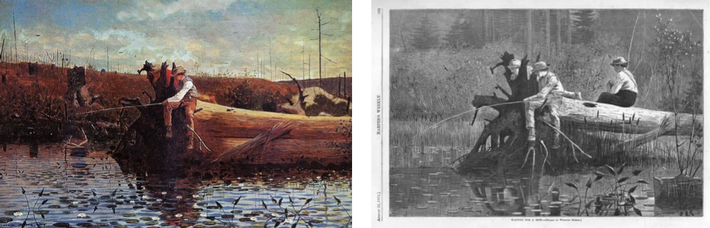 Original "Waiting for a Bite" (Winslow Homer, 1874) and a print that was featured in Harper's Weekly 