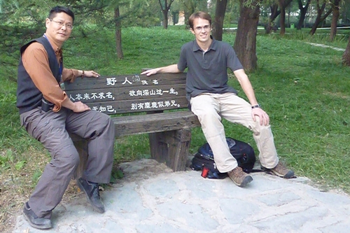 Chinese environmentalist Guo Geng and Randy Telfer at the Milu Yuan in Beijing, China