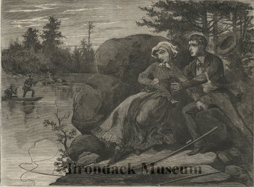 "Death in the Adirondacks. A Sportsman Mistakes a Kerchief on a Lady's Head for a Gull, and Fires." Black and white print. Published August 3, 1872 in "The Days' Doing."