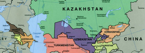 Map showing Georgia on the far left and China on the far right